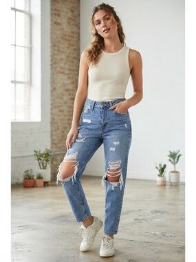 Aéropostale Jeans para Mujer Talla 0/00 Distressed Ripped High Rise Mom Fit Deni